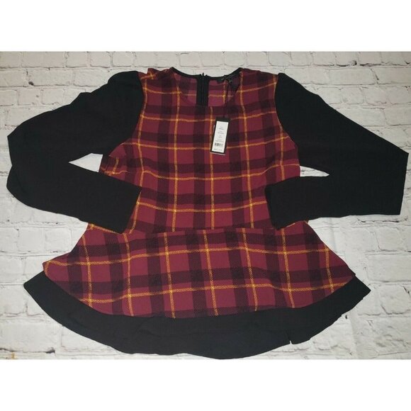 Nwt Romeo & Juliet Couture WINE Women's Plaid Ruffle Blouse US Medium $118Retail - Picture 1 of 4